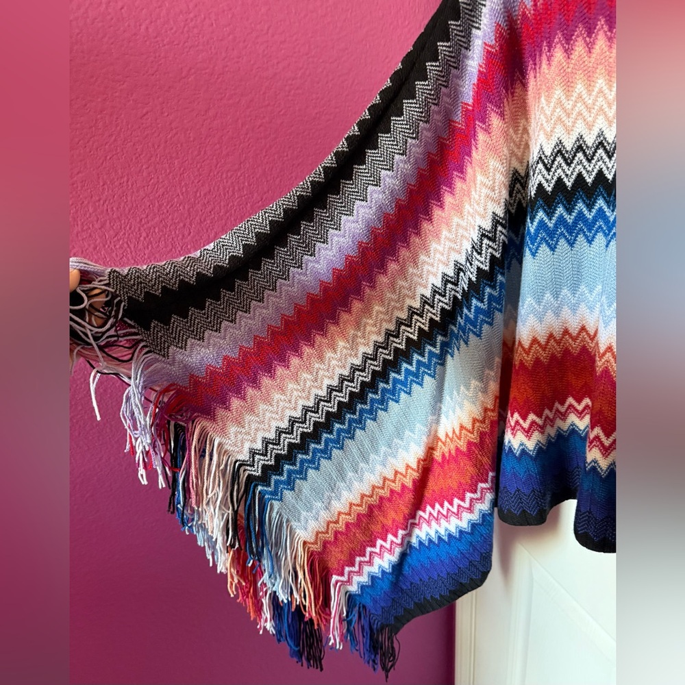 Missoni Multicolor Chevron Wool Knit Poncho with Fringe Sleeves - Picture 2 of 4